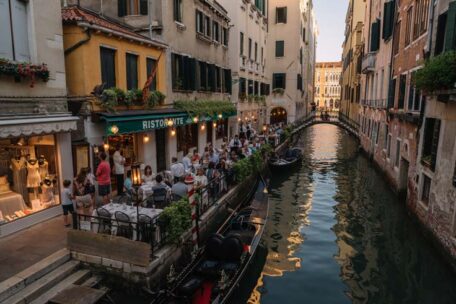 venetian canal and Italian restaurant in Venice